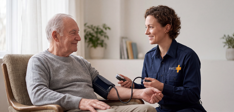 insted worker taking an elderly gentlemans blood pressure from the comfort of his own home